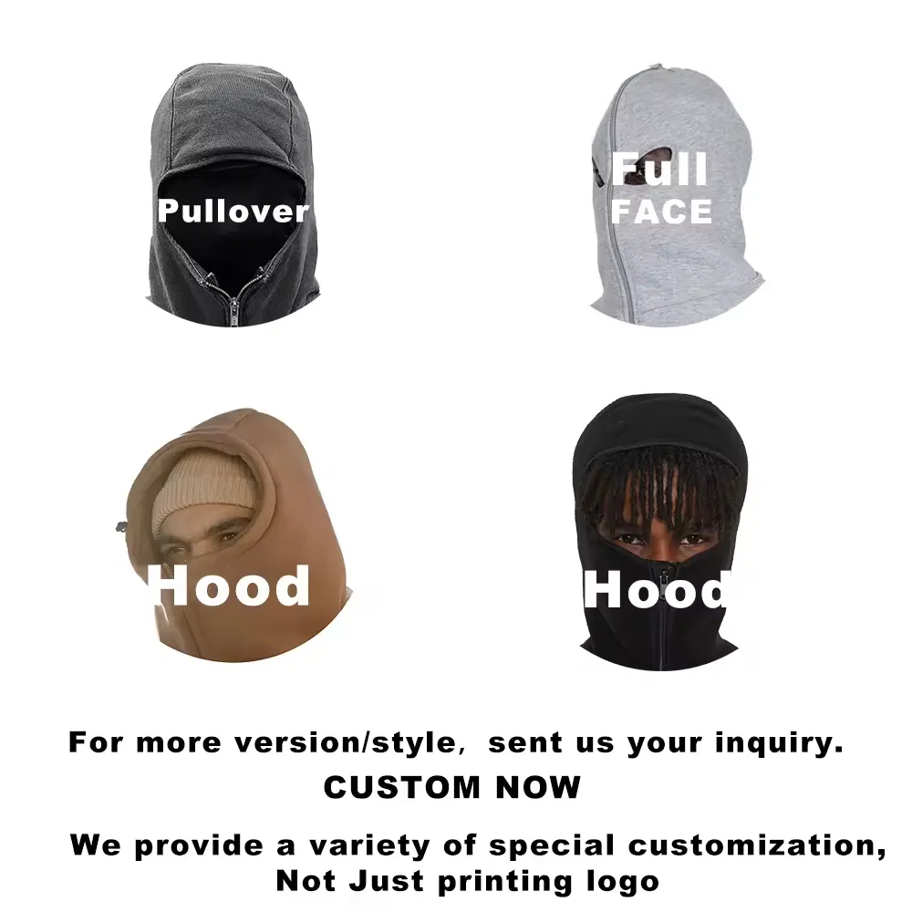 Custom Unisex Acid Wash 500GSM Cotton Full Zip up Double Hoody Unique Design Balaclava Hoodies Men's Streetwear Ninja Oversized Pullover Sweatshirt