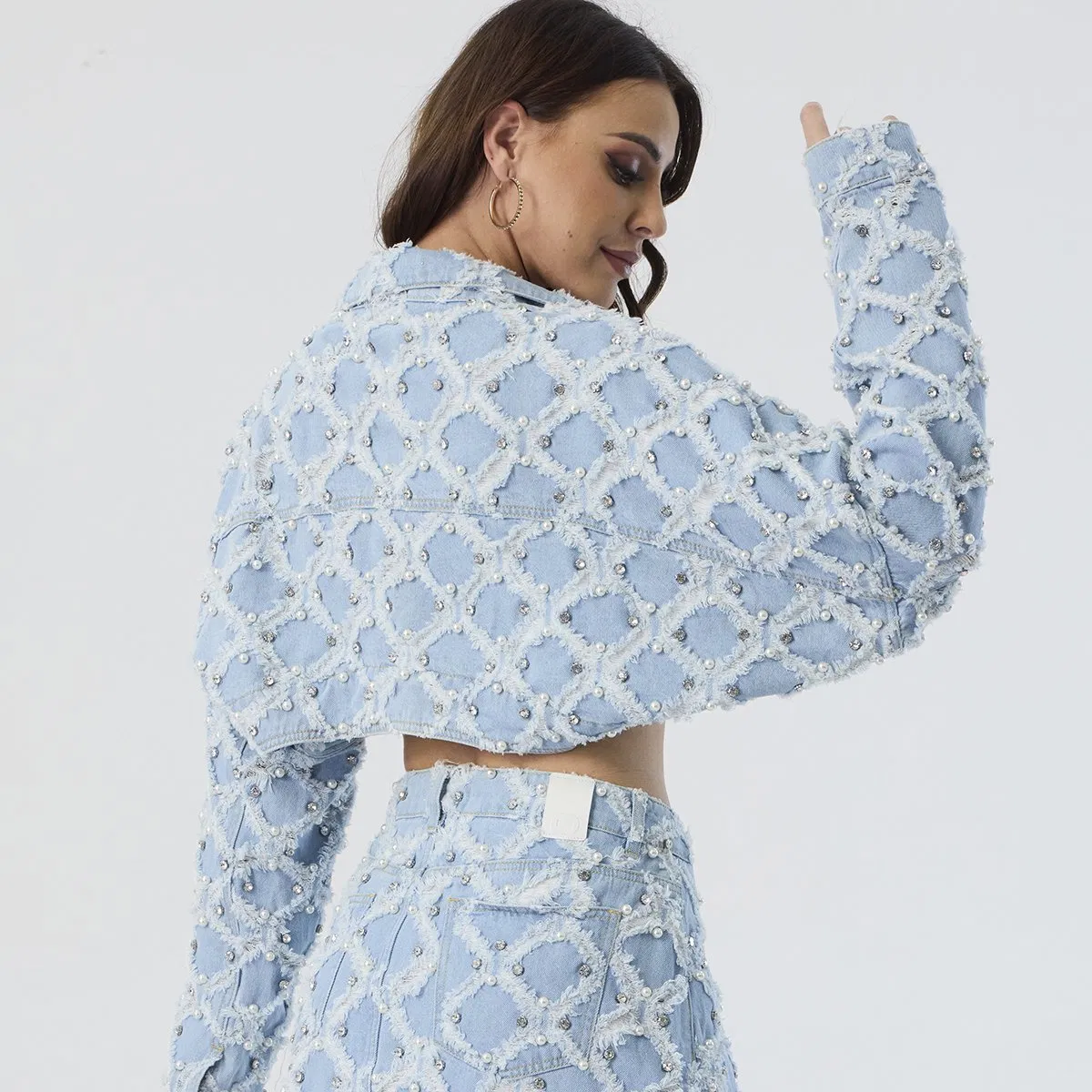 Custom Light Blue Heavy Distressed Cropped Rhinestone Embroidery Denim Women Jacket