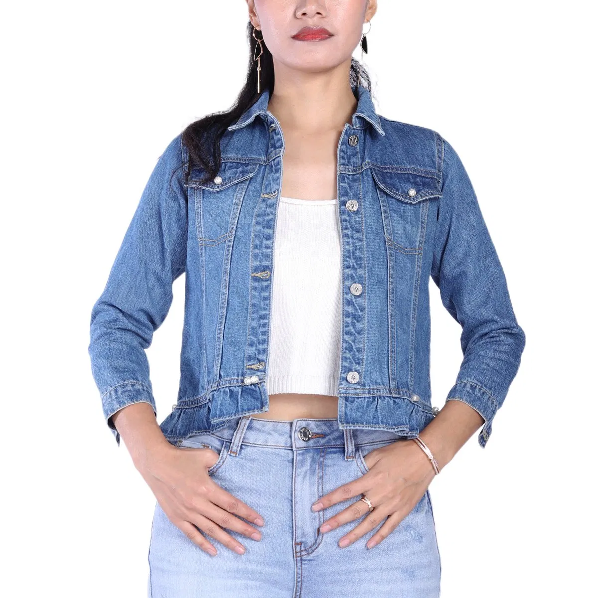 Custom Light Blue Pleated Ruffle Hem Cropped Denim Jackets for Women