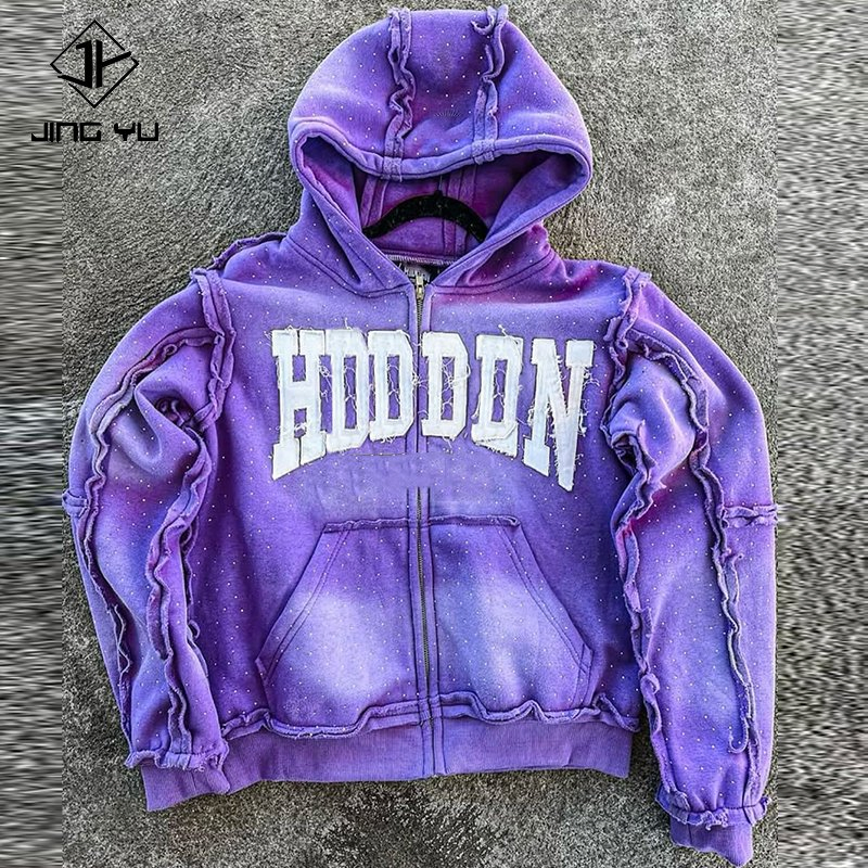 Custom Streetwear Zipper French Terry Thick Acid Wash Rhinestone Sun Faded Applique Embroidered Patch Mens Zip up Hoodies