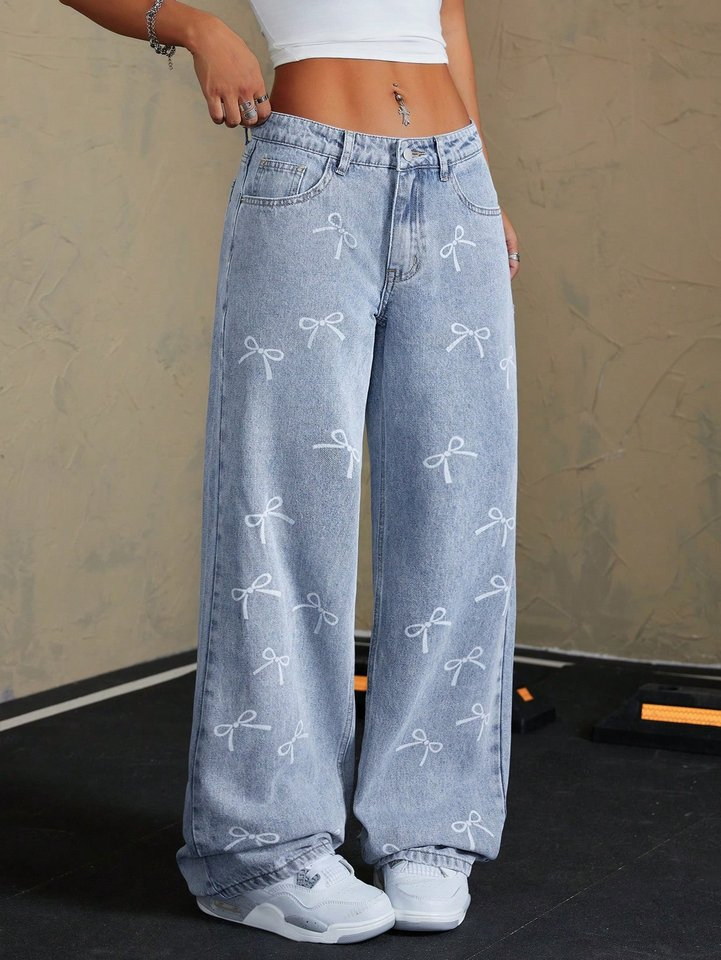 Women's Stylish Bow Print Wide-Leg Denim Jeans Straight Casual Style