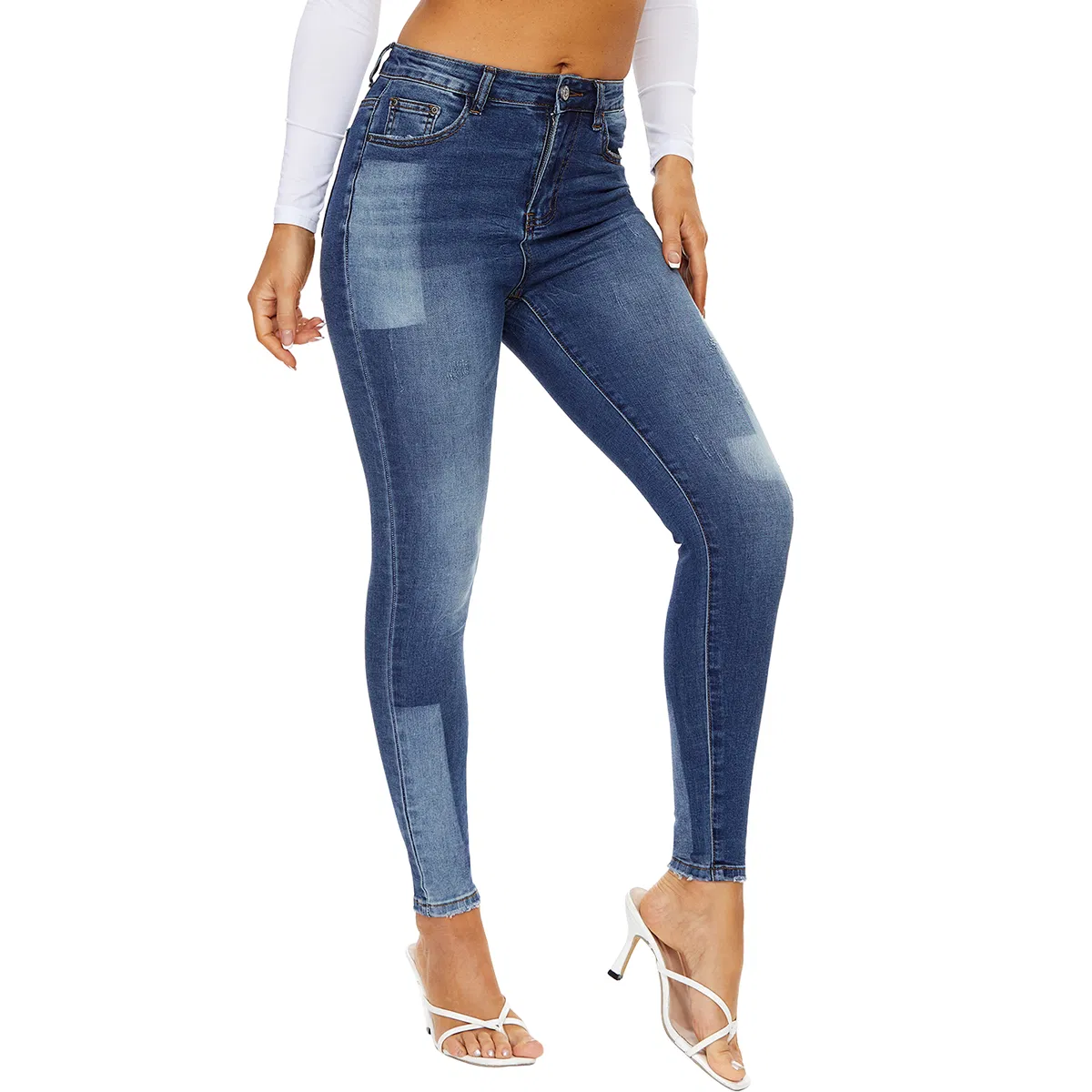 in Stock New Design Jeans Women Color Blocking High Waist Stretch Curve High Light Skinny Jeans