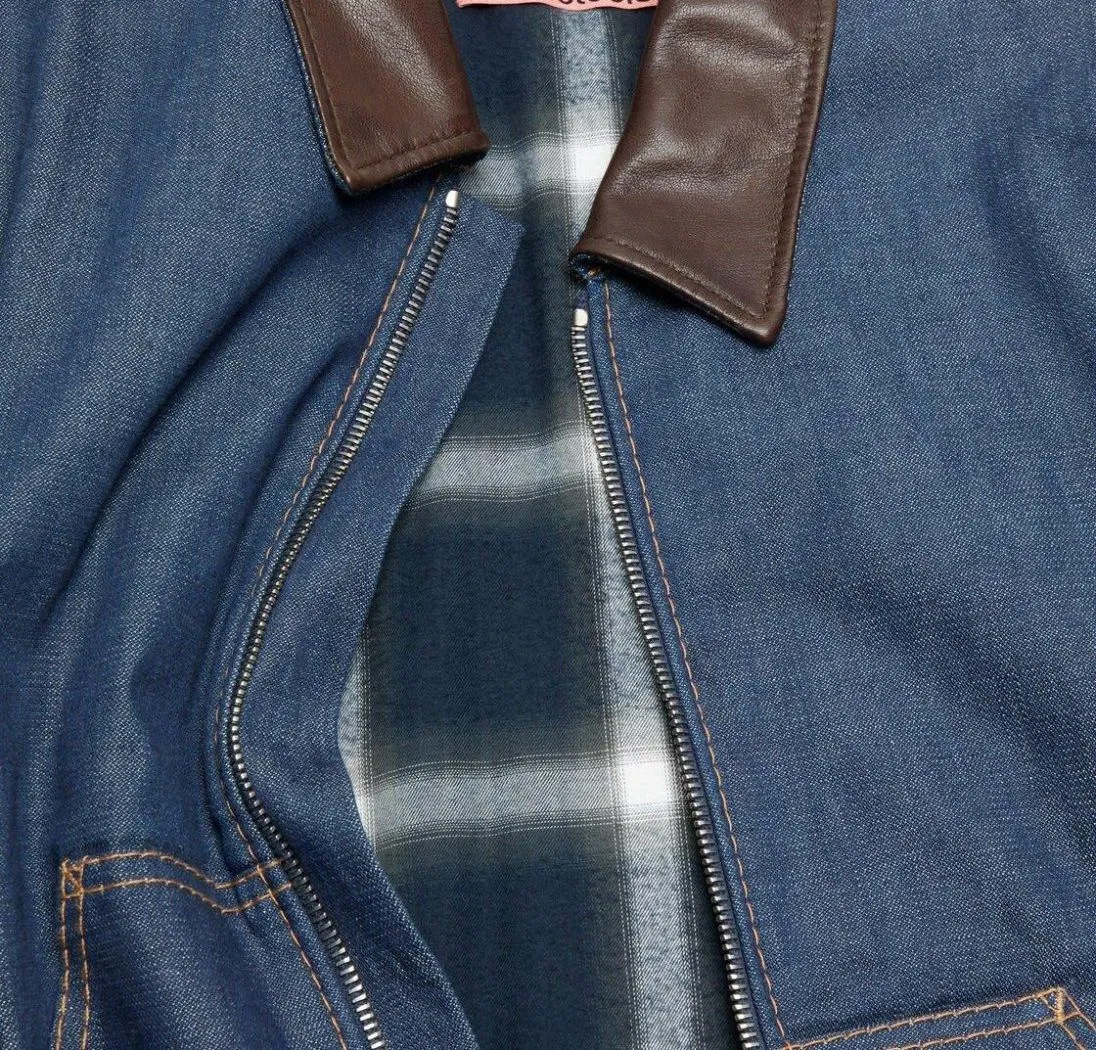 Men's Oversized Denim Jacket with Leather Patchwork Collar - Casual Streetwear Fashion Outerwear for Daily Matching