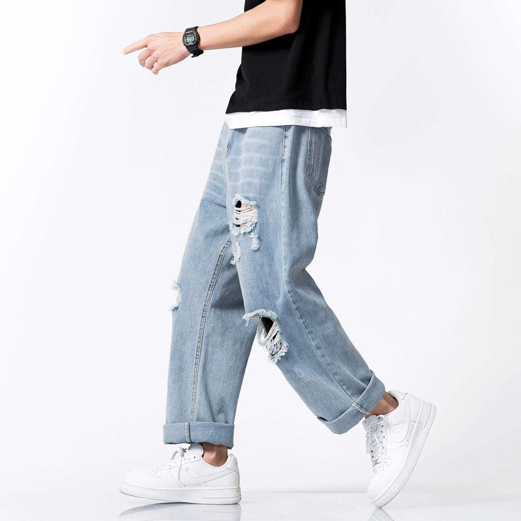 Fall Fashion Men's Street Style Washed and Frayed Distressed Casual Jeans