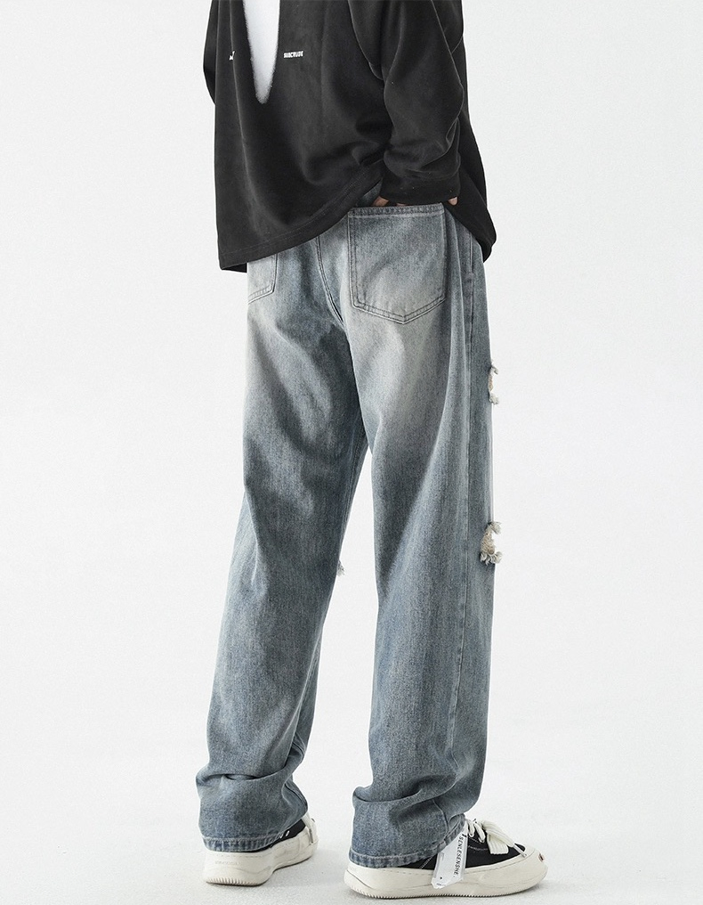 Men's Multi Distressed Design Denim Jeans Loose Straight Wash Blue Men Jeans