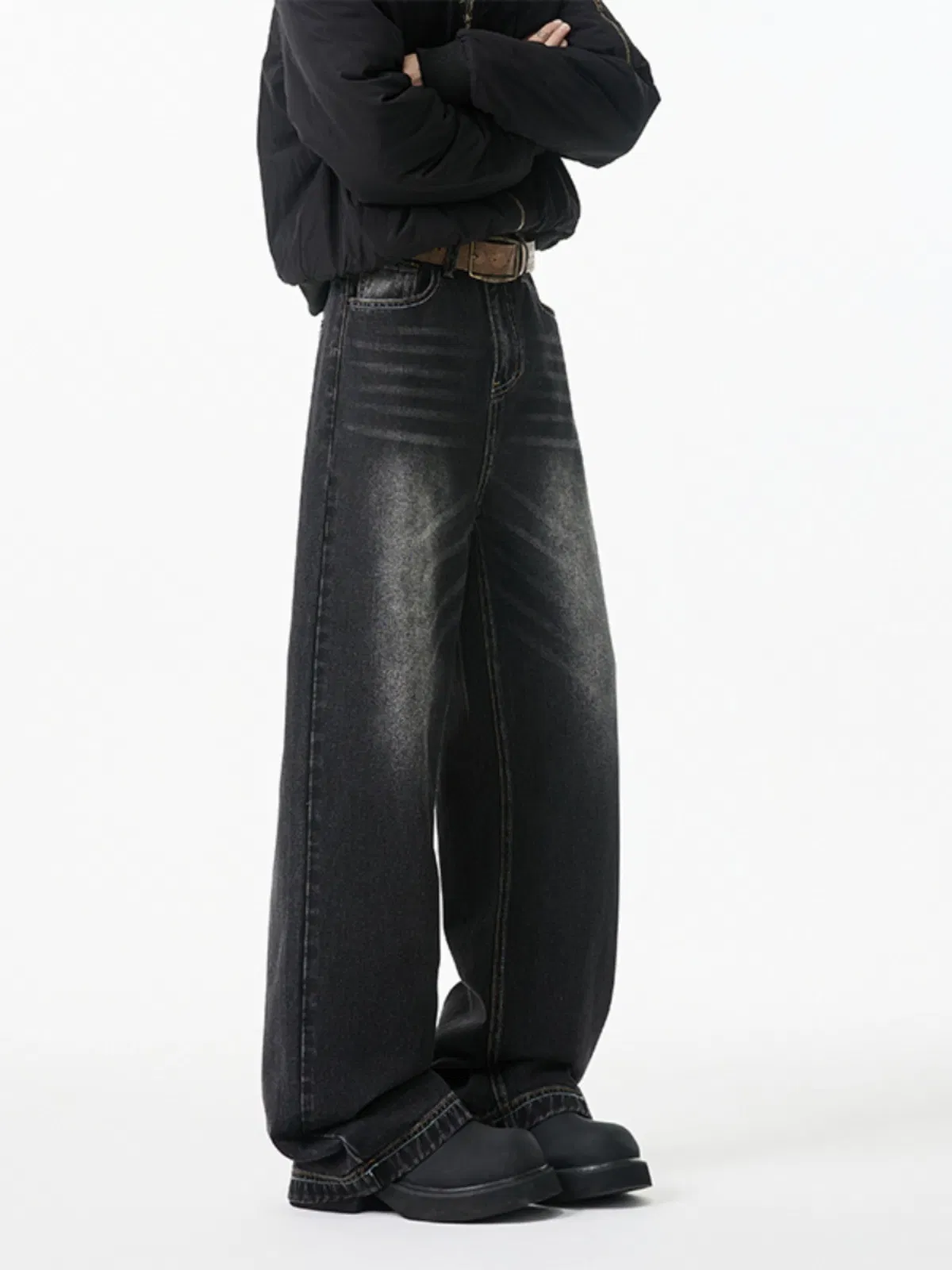 Vintage Washed Black Wide-Leg Jeans for Men