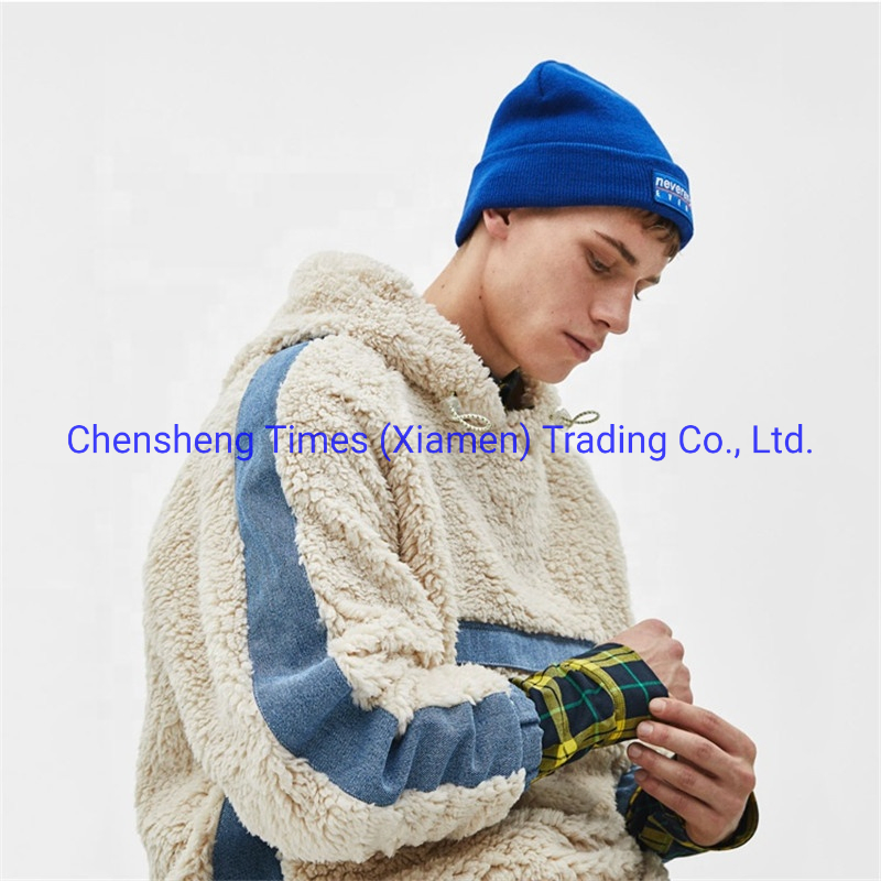 OEM Men Wholesale Outdoor Clothes Front Pouch Pocket Fleece Denim Stripe Hooded Sherpa Warm Jacket