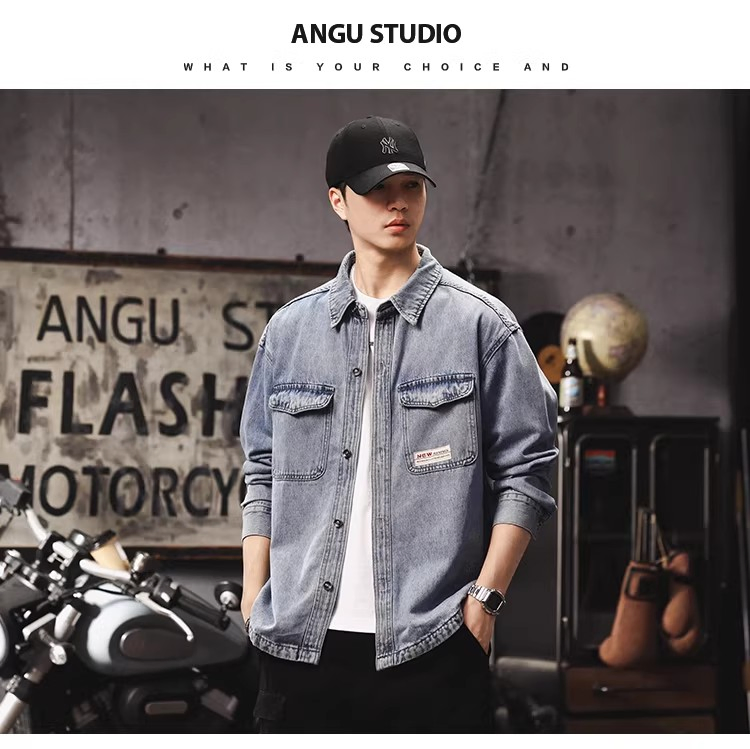 Wholesale Men's Vintage Washed Denim Utility Jacket, Oversized Streetwear Trucker Jacket for Men