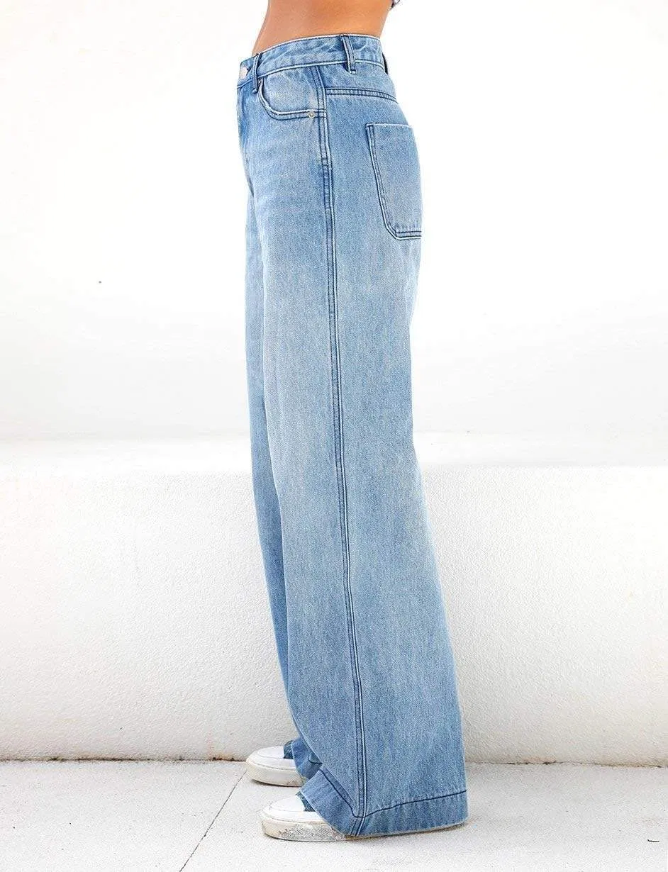 Custom Women's 2025 Rectangle Wide Leg Jeans Distress MID Waist Denim Trousers Vintage Y2K