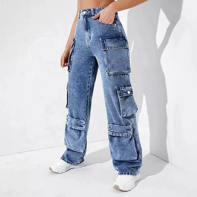 High Waist Relax Multi-Pocket Women Cargo Jeans Trousers