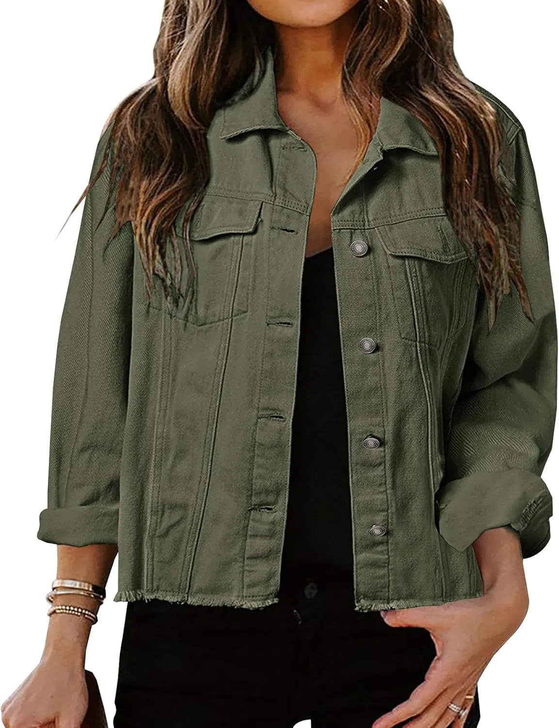 Women's Jean Jacket Frayed Washed Button up Cropped Denim Jacket with Pockets