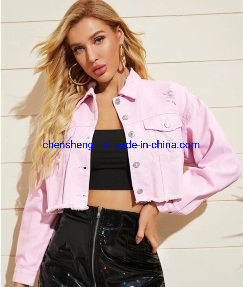 Wholesale Women's Lady Fashion Classic Frayed Cropped Washed Denim Jean Jacket Coat with Pocket