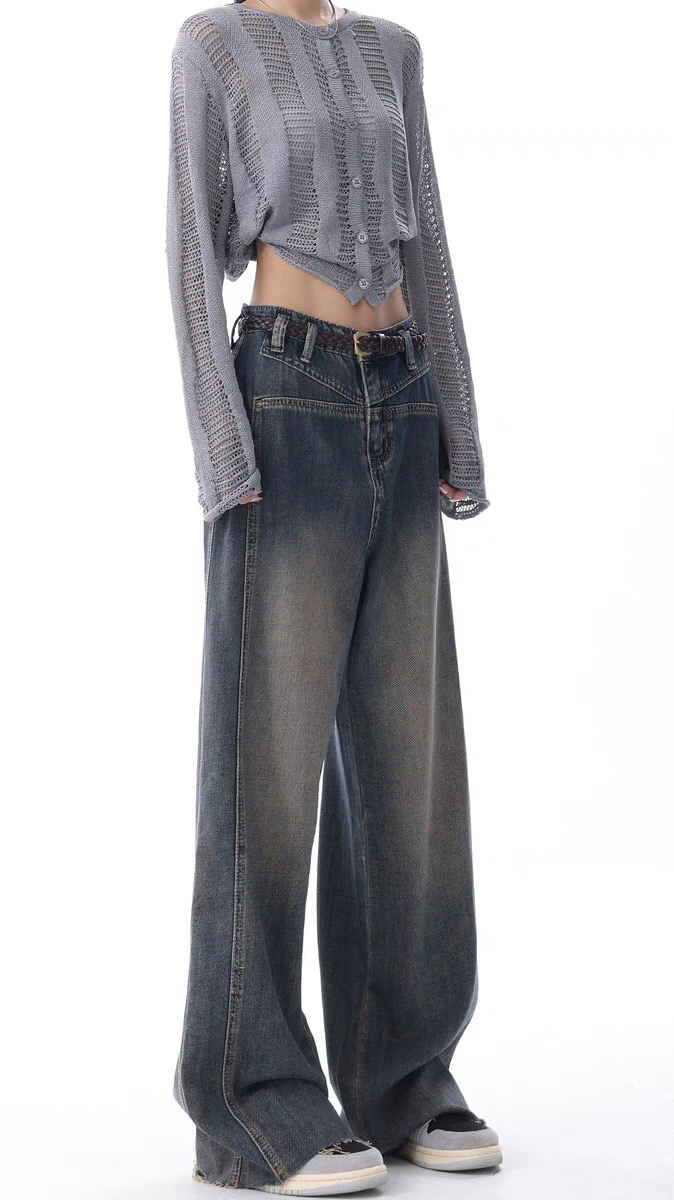 American Style High Street Retro Distressed Wide Leg Slimming High Waist Fashionable Women's Jeans