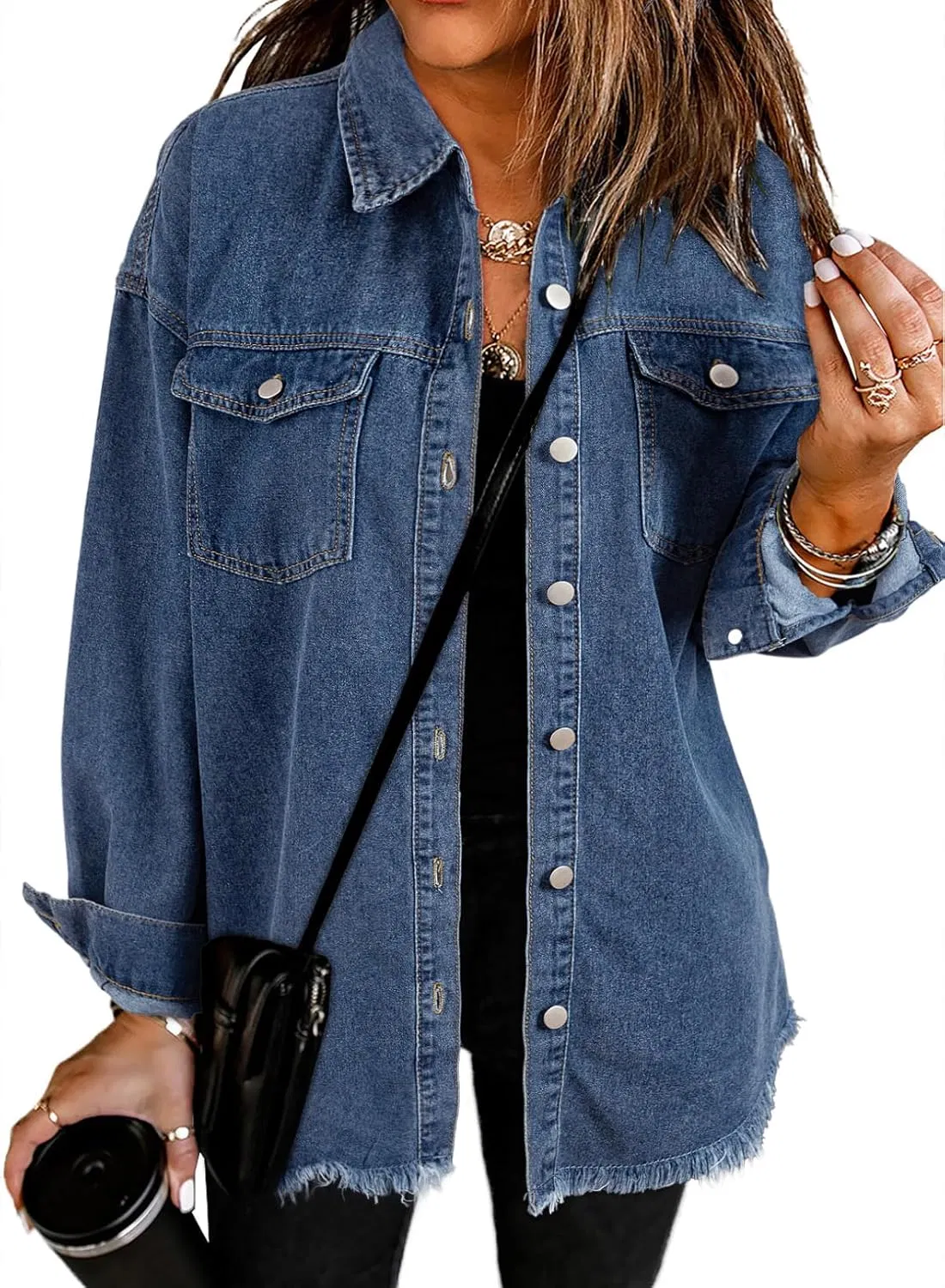 Women's Oversized Denim Jacket Casual Long Sleeve Denim Shirts Distresse Jean Jacket 2025 Spring Outfits