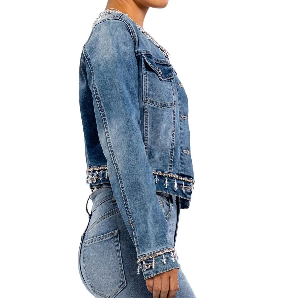 Fashion Design Women Vintage Hand Sewn Drill Long Sleeve Cropped Denim Jacket