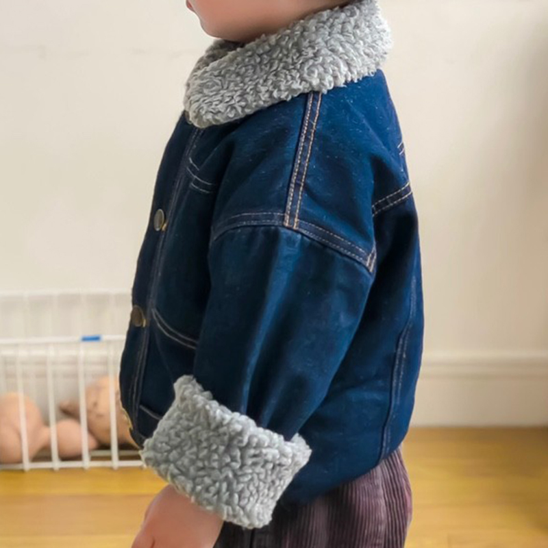 Boys Winter Lapel Enzyme Wash Denim Warm Button Jacket with Sherpa Lining