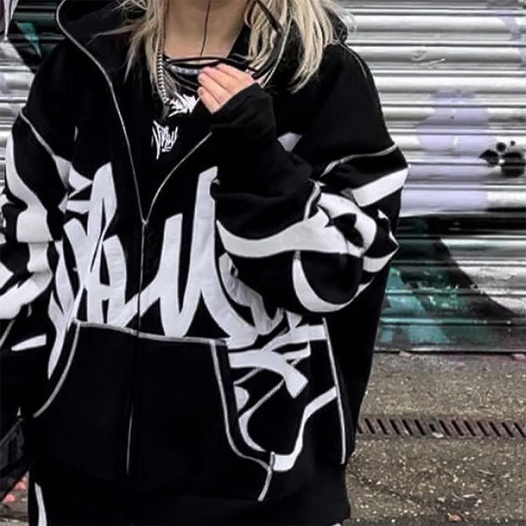 OEM Wholesale Custom Fashion Casual Loose Applique Patch Oversized Hoodies Unisex Street Zip up Hoodie