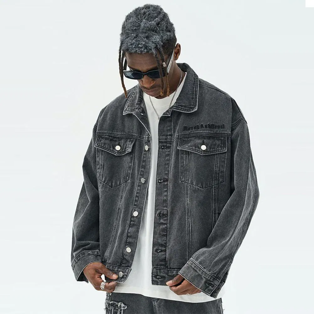 ODM/OEM Denim Jacket High Street Cross Patch Print Embroidery Old Denim Men's Coat Loose and Oversized Retro Denim Jacket Clothing