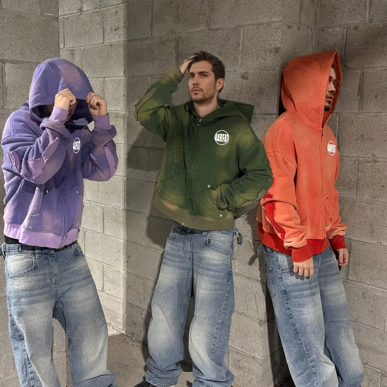 Street Wear Custom Heavyweight Cotton French Terry Sun Faded Acid Wash Vintage Zipper Cropped Boxy Hoodie Zip-up for Men