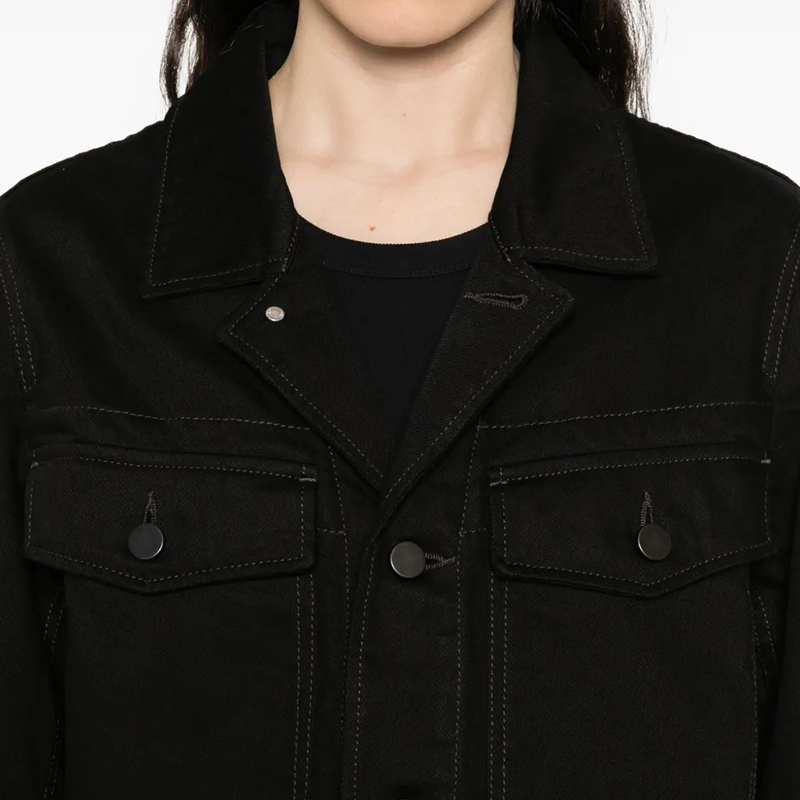 Jet Black Denim Jacket Bold Contrast Topstitching Utility Chest Pockets Classic Collar Button Front Cropped Silhouette