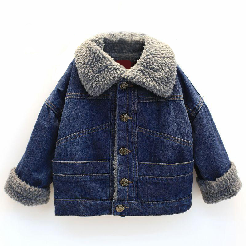 Boys Winter Lapel Enzyme Wash Denim Warm Button Jacket with Sherpa Lining