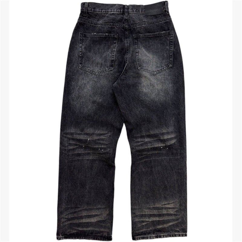 Summer New Design Ink Blurry Paint Stained Hole Frayed Whisker Loose Straight Leg Denim Long Pants A Line Style Black Men's Jeans
