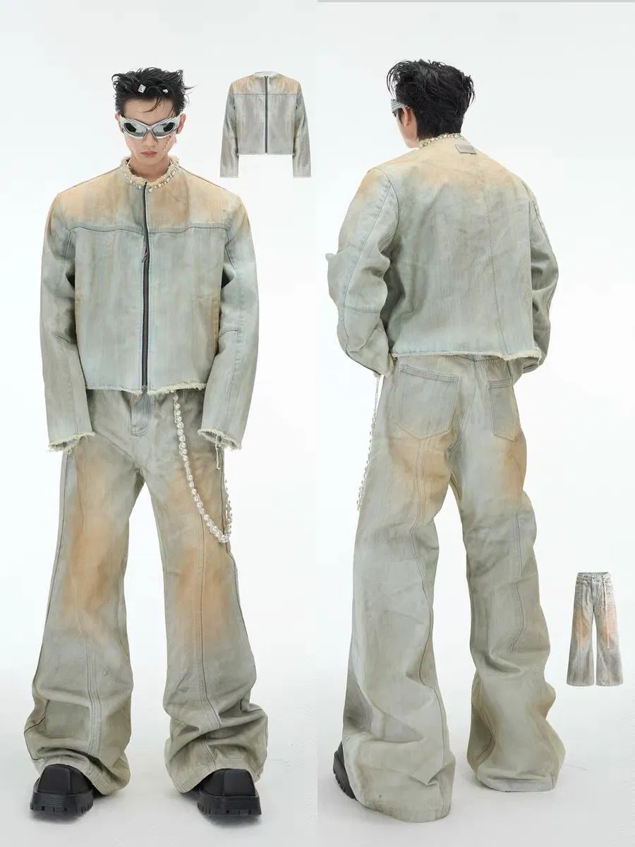 Custom Men Fashion Gradient Washed Denim Cropped Jacket with Pearl Trim Raw Frayed Edges