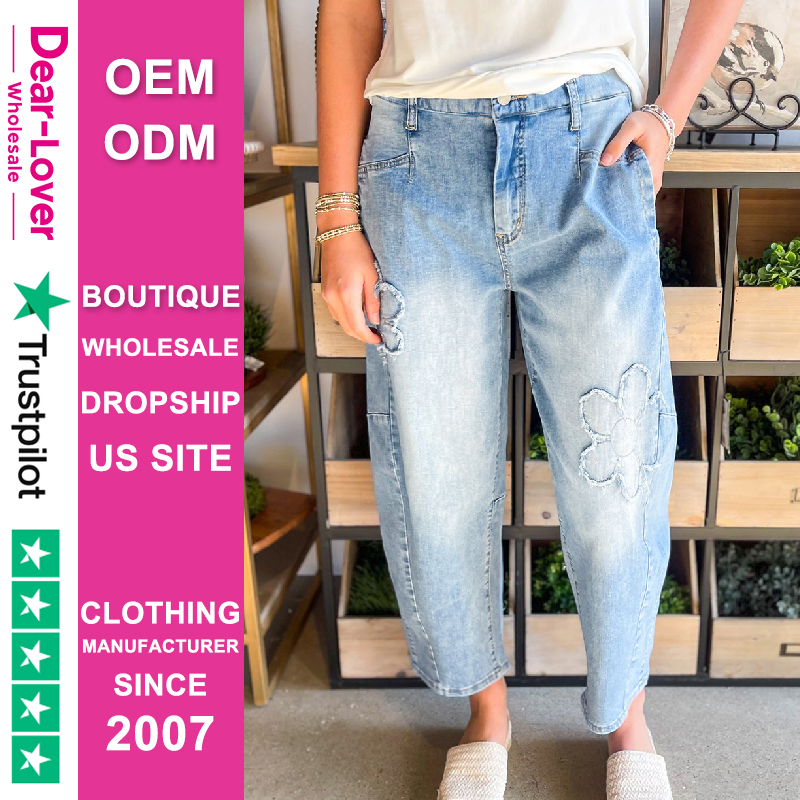 Dear-Lover Wholesale Boutique Western Clothing Pantalones Mujer Fashion Trendy Flower Patched Light Wash Cropped High Waist Jeans