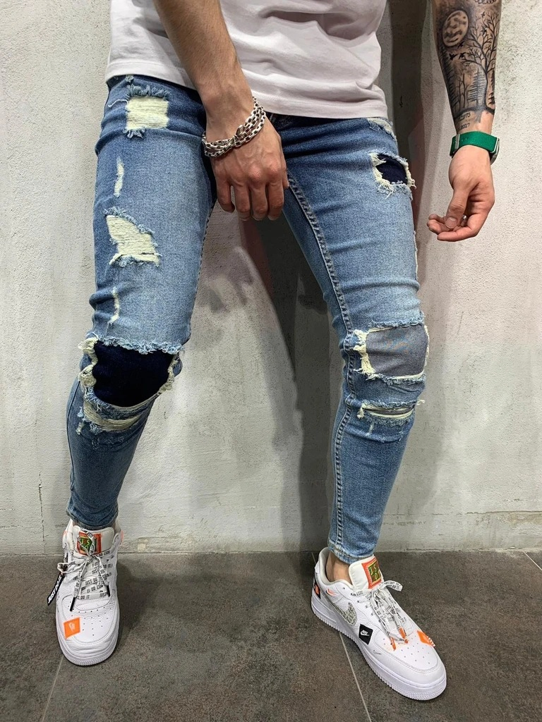 OEM High Stretch Quality Ripped Zipper Pants Men Skinny Fit Denim Jeans Blue &Black Jeans