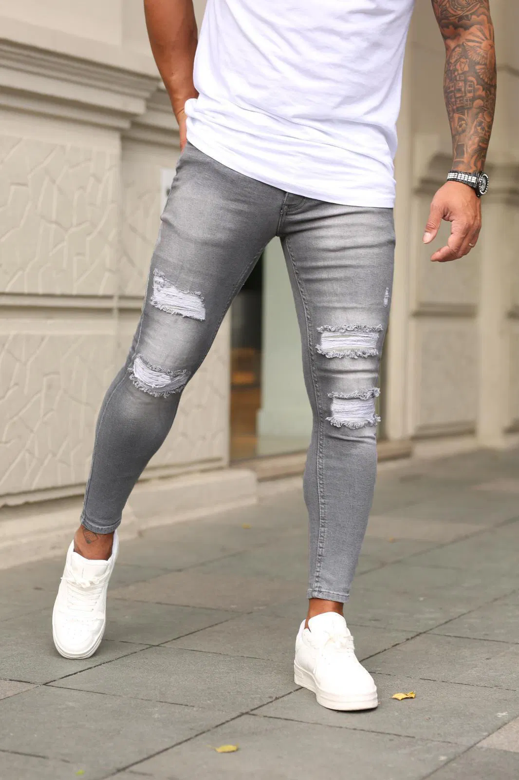 Men's Torn Elastic Leg Cropped Jeans with Torn New Trend Hit
