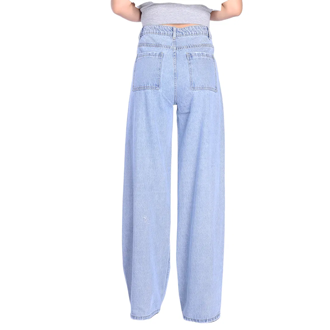 Custom Vibrant Light Blue High Waist Baggy Wide Leg Women Mom Denim Jeans