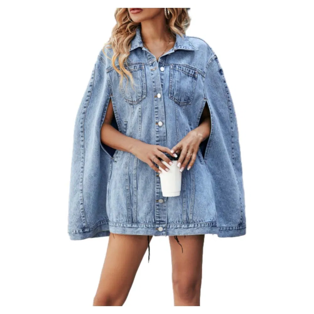 Amazon Best Selling Women's Denim Jacket New Design Oversized Distressed Denim Asymmetrical Hem Coat