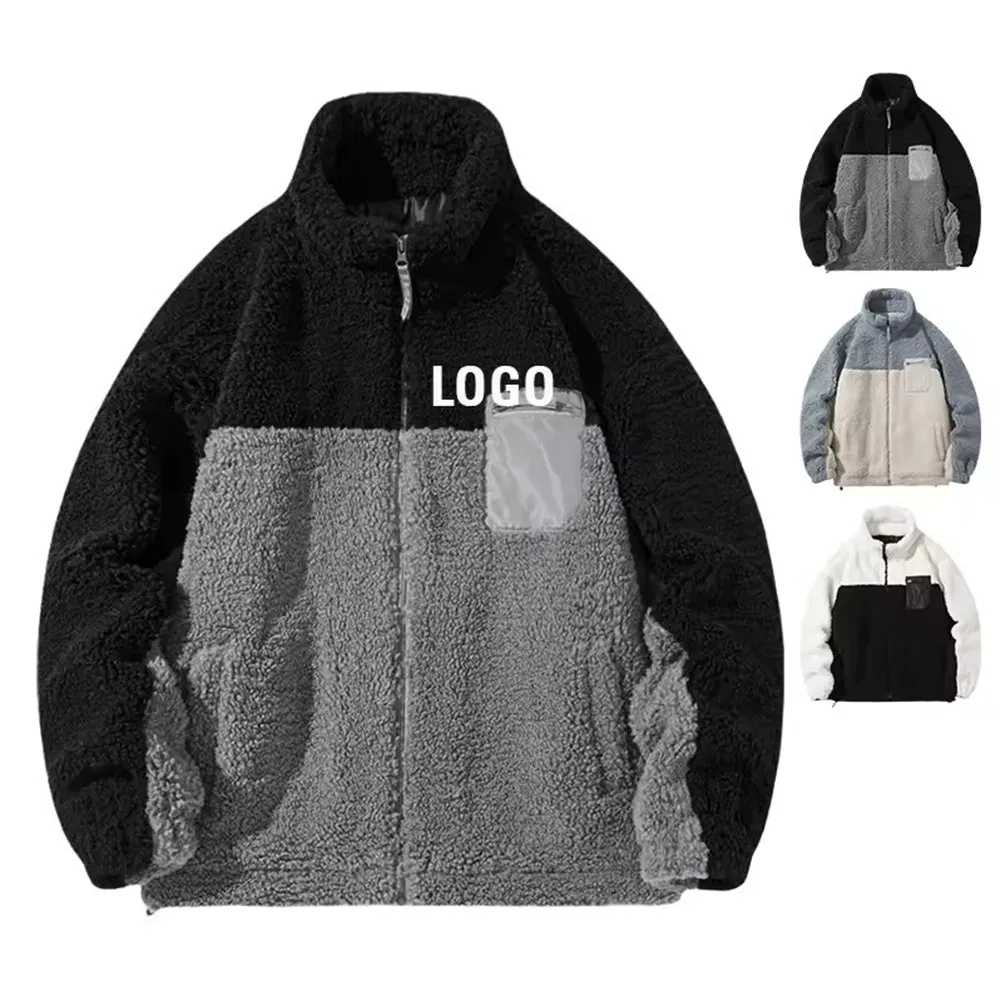 Heavy Lined Colourblock Jacket Custom Wool Sherpa Fleece Zip up Jacket High Quality Flannel Custom Logo Coat