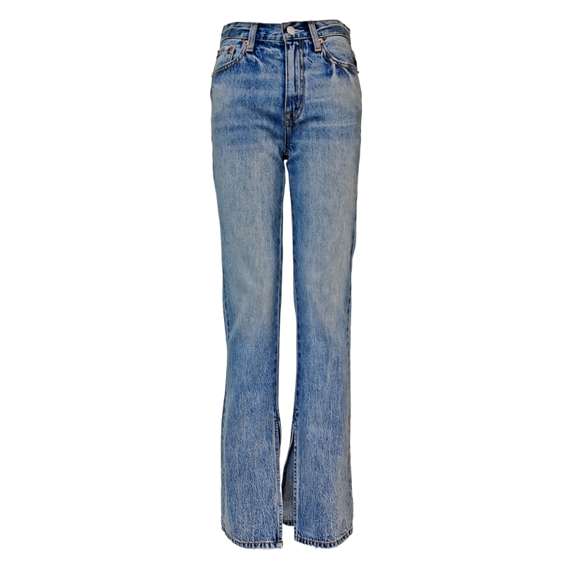 Custom Light Blue Wash Denim Flared Trousers High Waisted Scratched Women Wide Leg Jeans Ladies Long Pants