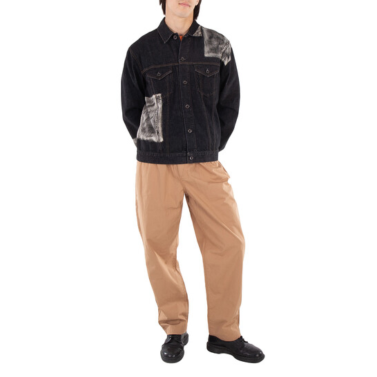 Men's Black Denim Jacket with Splatter Paint &amp; Patchwork - Oversized Streetwear Outerwear