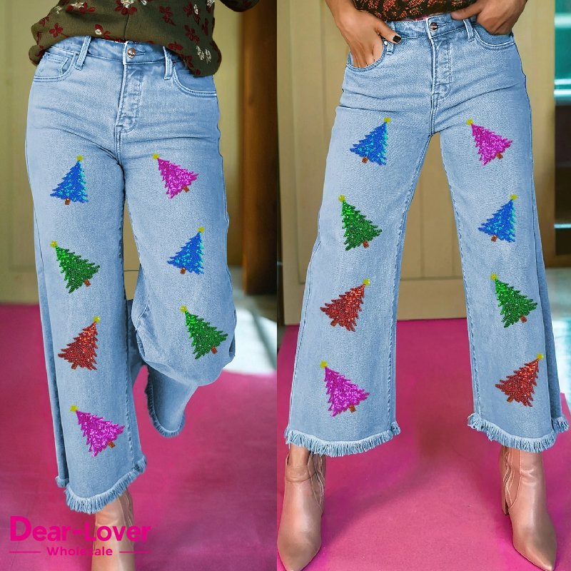 Dear-Lover Wholesale Pantalones Mujer Western Boutique Colorful Sequin Christmas Tree Patched Raw Hem Cropped Wide Leg Denim Jeans