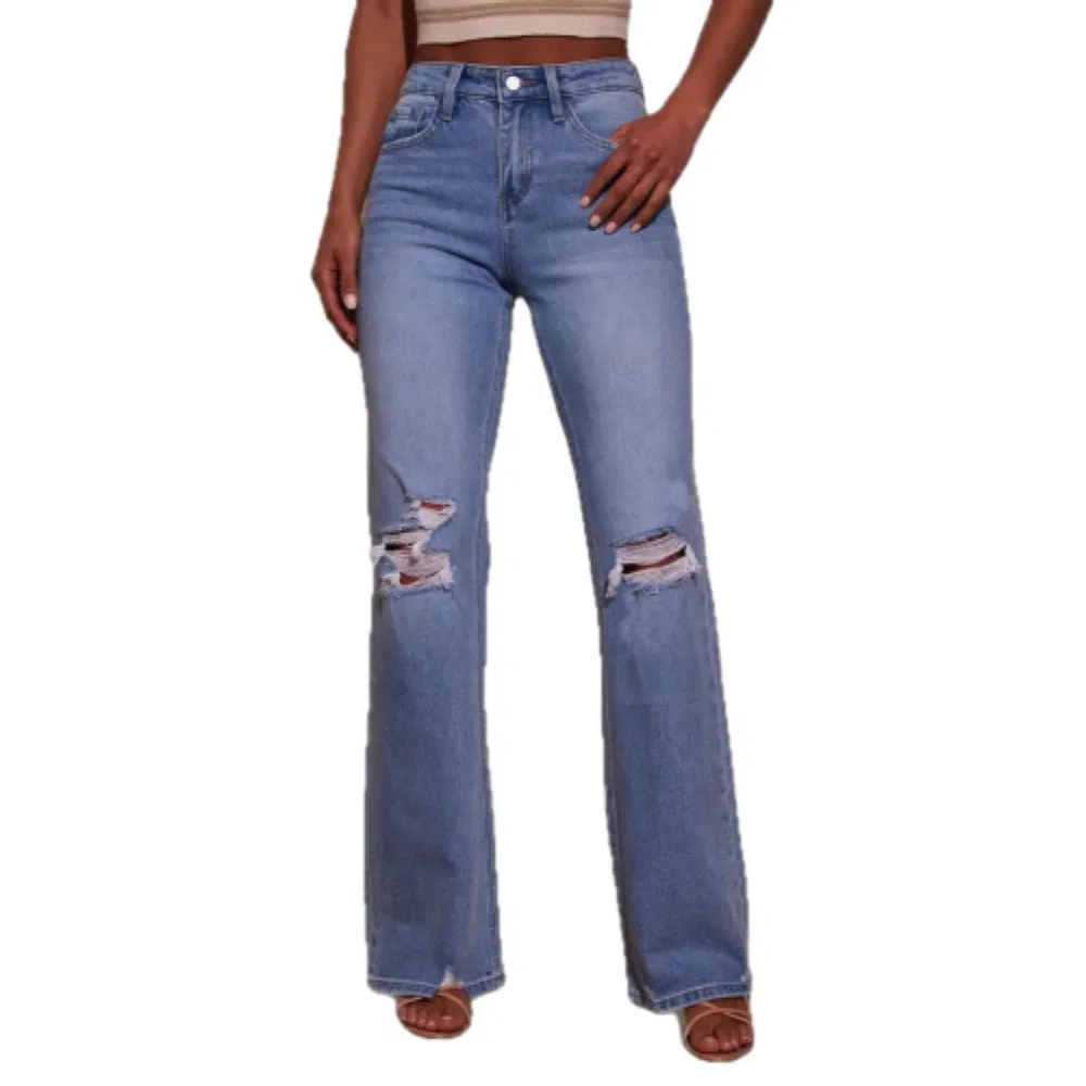 Best-Selling Wholesale Light-Blue Distressed Denim Flare Jeans Comfortable Wear Versatile Styling Pants