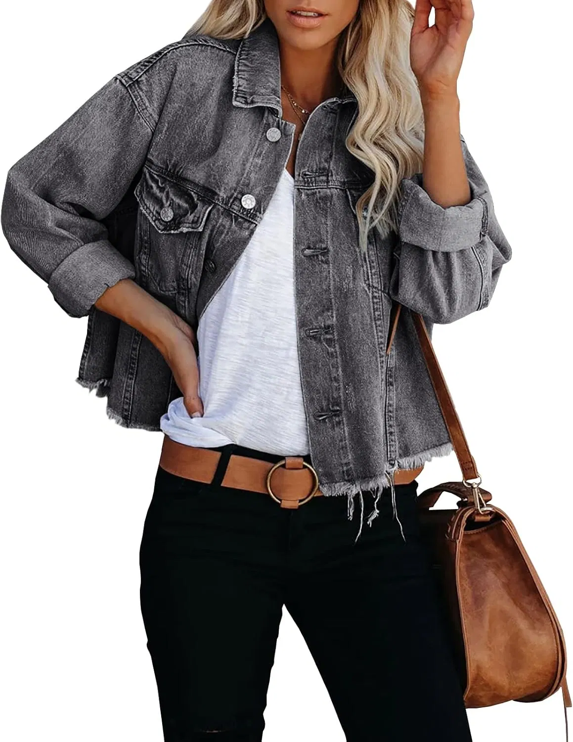 Women's Jean Jacket Frayed Washed Button up Cropped Denim Jacket with Pockets