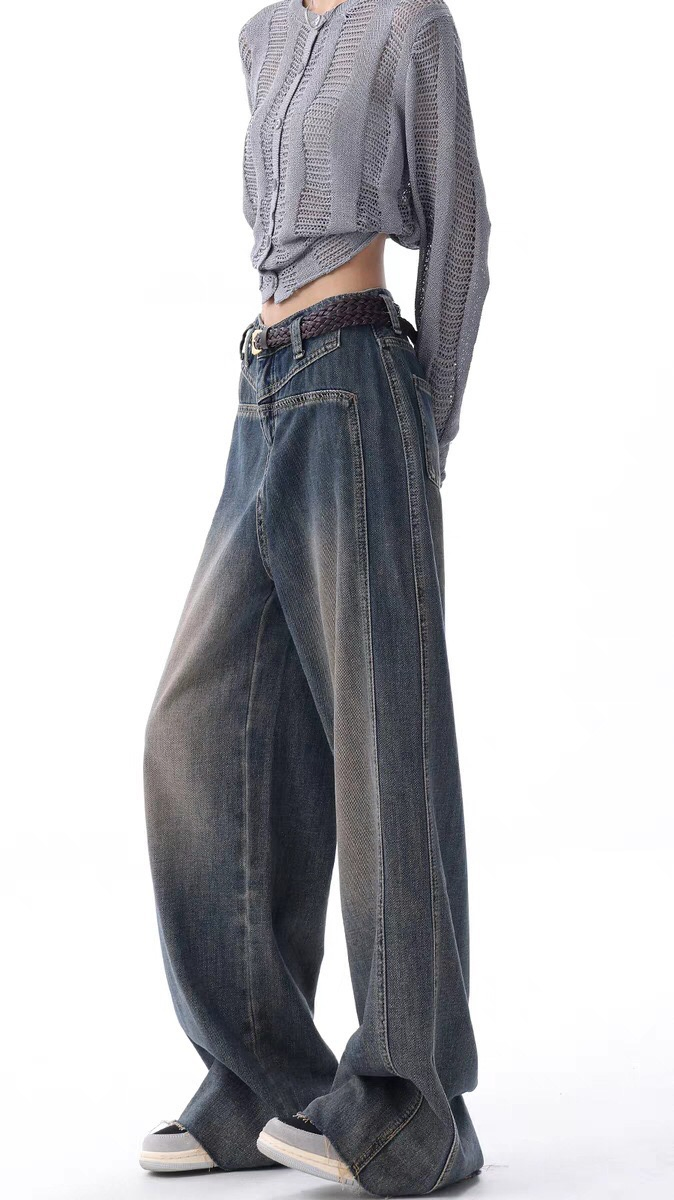 American Style High Street Retro Distressed Wide Leg Slimming High Waist Fashionable Women's Jeans