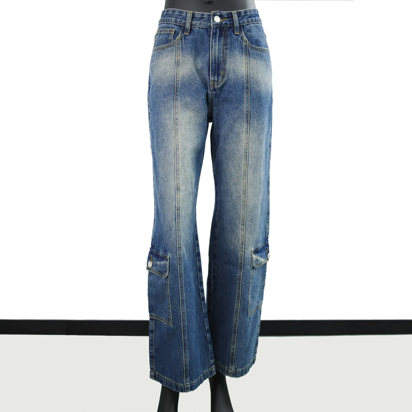GM02 Loose High Waist Women's Straight Fit Denim Jeans with Side Pockets
