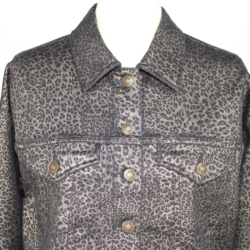 Women's Cotton Spandex Denim Shining Leopard Print Customer Design Cropped Button Jacket