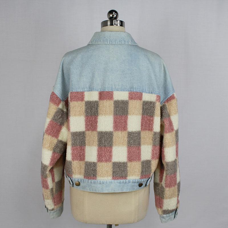 Women's Winter Casual Plaid Sherpa and Light Blue Wash Denim Patchwork Jacket