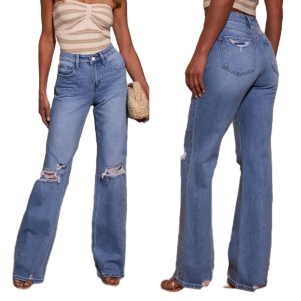 Best-Selling Wholesale Light-Blue Distressed Denim Flare Jeans Comfortable Wear Versatile Styling Pants