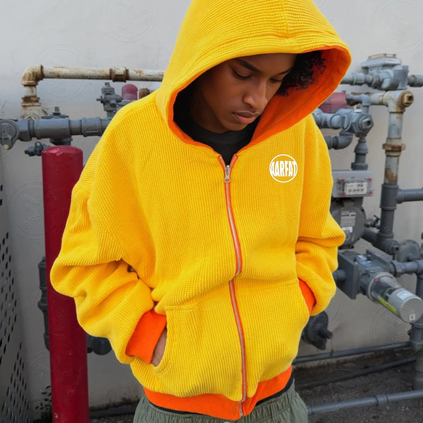 Men Waffle Knit Zip up Hoodie Long Sleeve Hooded Sweatshirt Casual Streetwear for Fall Winter