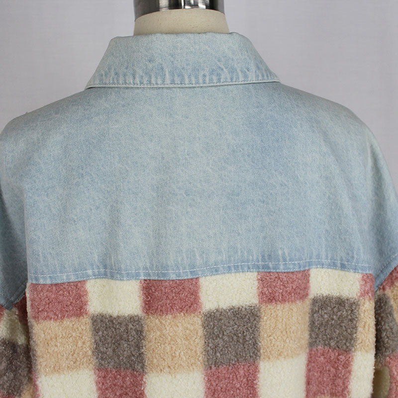 Women's Winter Casual Plaid Sherpa and Light Blue Wash Denim Patchwork Jacket