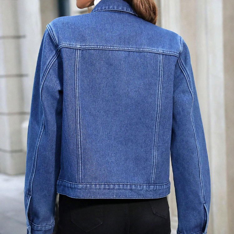 Women's Classic Blue Cropped Denim Jacket with Lapel, Button Front &amp; Flap Pockets