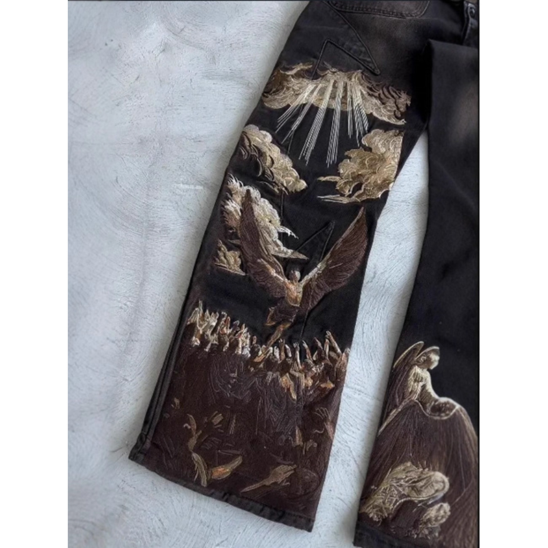 High-Quality Wholesale Hip-Hop Vintage Oversized Straight-Leg Acid-Washed Digital-Printed Black Men's Denim Jeans