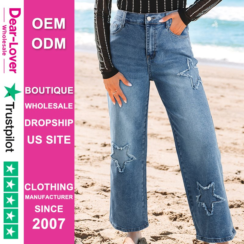 Dear-Lover Wholesale Pantalones Mujer Boutique Dropshipping Suppliers Star Patchwork Cropped Wide Leg High Waist Denim Jeans