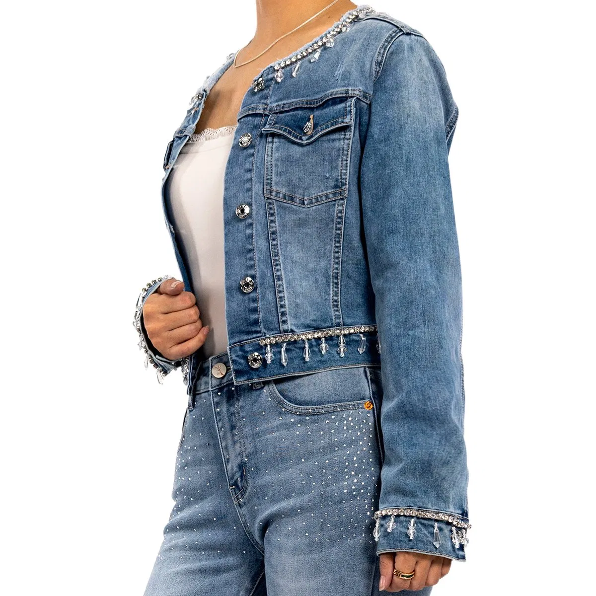 Fashion Design Women Vintage Hand Sewn Drill Long Sleeve Cropped Denim Jacket