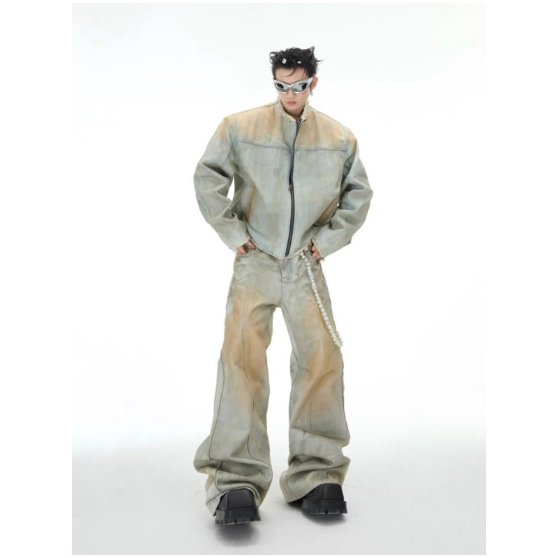 Custom Men Fashion Gradient Washed Denim Cropped Jacket with Pearl Trim Raw Frayed Edges